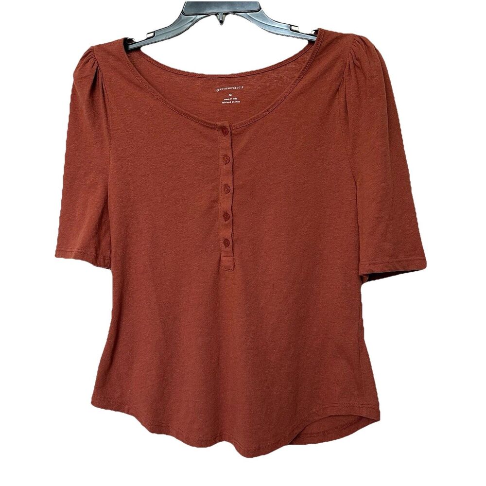 Anthropologie Top Women’s Med Henley Puff Shoulders Terracotta Rust Preppy Indie